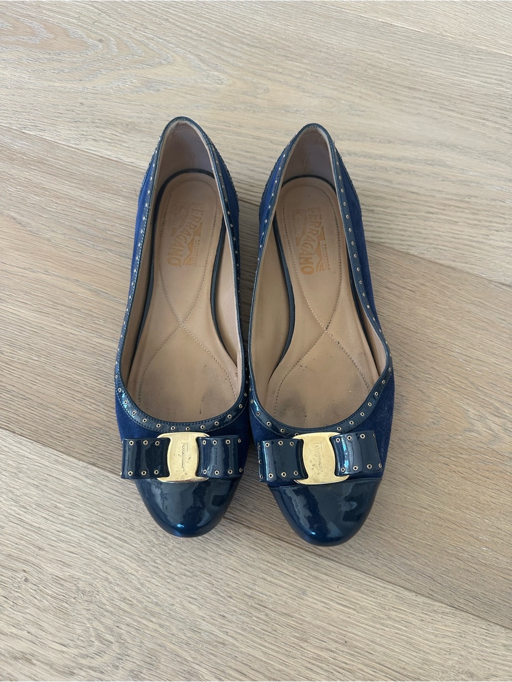 Salvatore Ferragamo Navy Patent Toe Vara Bow Flats